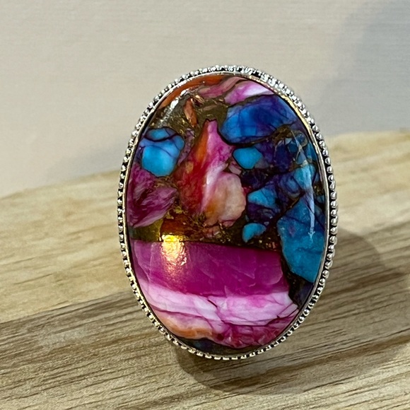 PINK DAHLIA TURQUOISE 925 SILVER OVERLAY GEMSTONE RING SIZE 10 - Picture 2 of 8